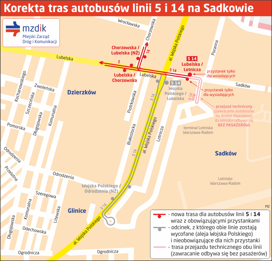 Korekty tras autobusów linii 5 i 14. autobusy linii 5 i 14 będą kursowały do przystanku Lubelska / Lotnicza. Zostaną one wycofane z objazdu przez odcinek alei Wojska Polskiego.