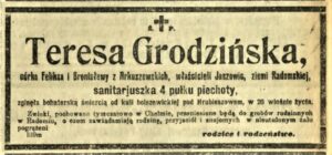 Nekrolog Teresy Grodzińskiej zamieszczony w „Kurierze Warszawskim” nr 257 z 1920 r. (Biblioteka Cyfrowa Uniwersytetu Warszawskiego)