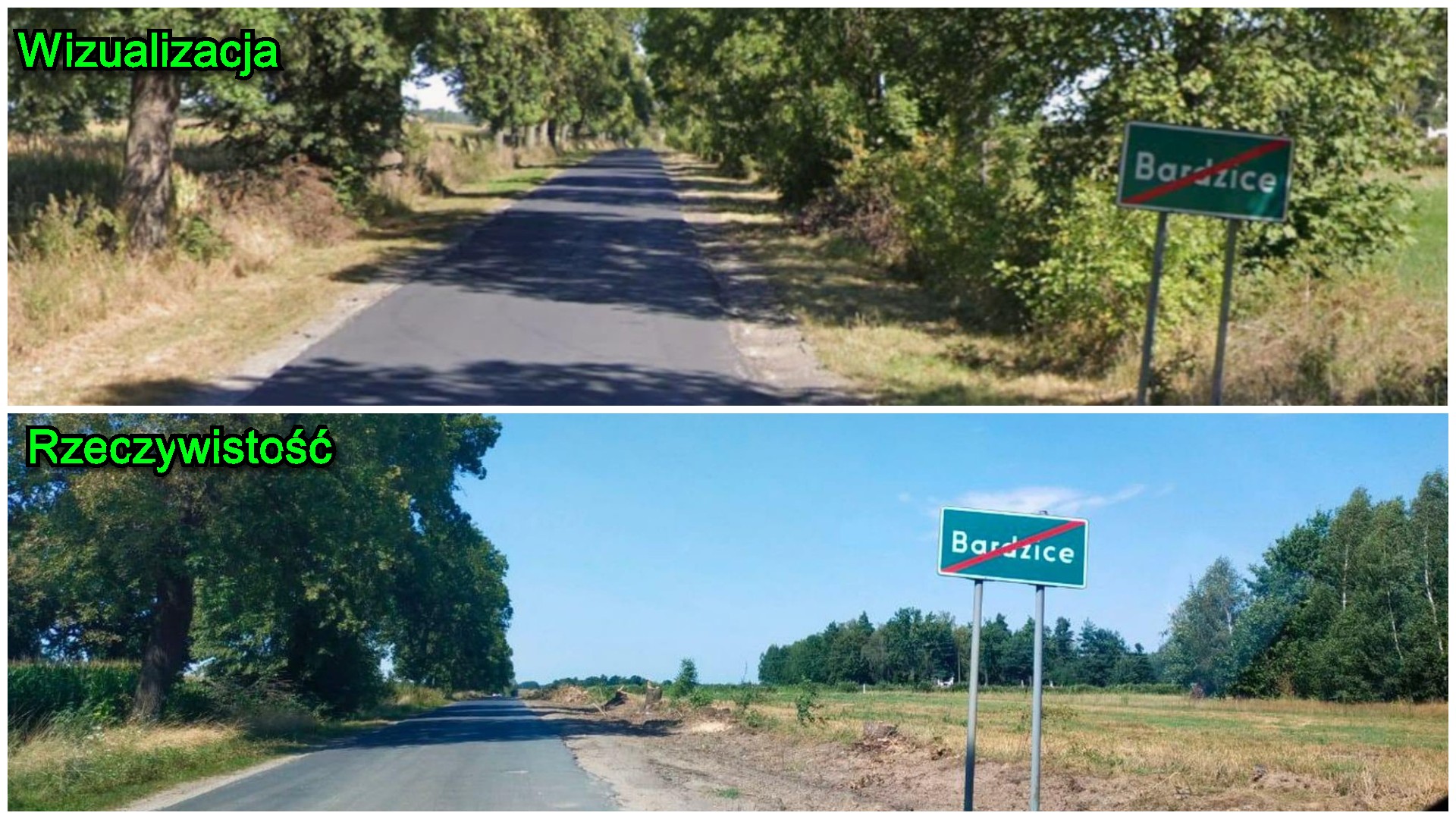 Wizualizacja zaprezentowana przez władze powiatu sugerowała, że aleja drzew przy drodze Gębarzów–Bardzice zostanie zachowana. W rzeczywistości z krajobrazu zniknęły niemal wszystkie drzewa, w tym okaz o pomnikowych wymiarach. Społecznicy mówią wprost: mieszkańcy zostali wprowadzeni w błąd.