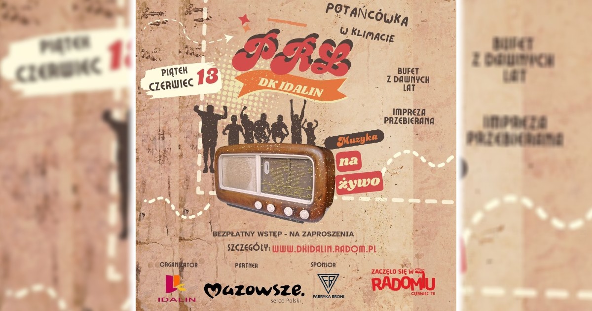 W ramach obchodów 49. rocznicy Radomskiego Protestu Robotniczego – Czerwiec '76, Dom Kultury „Idalin” zaprasza mieszkańców Radomia na potańcówkę w klimacie PRL. Wydarzenie odbędzie się w piątek, 13 czerwca 2025 roku, w godzinach 17:00–21:00 przy ul. Bluszczowej 4/8. Organizatorzy zapowiadają wieczór pełen muzyki, wspomnień i atmosfery lat 70. i 80.