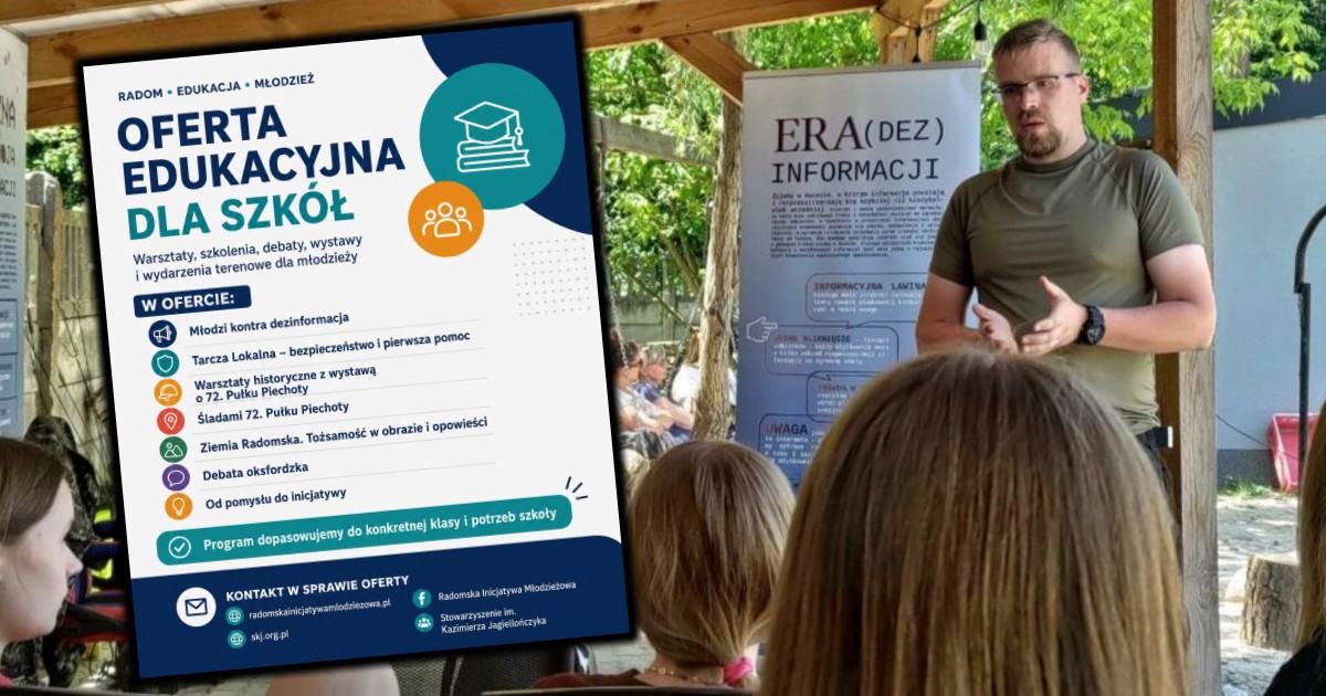 Radomska Inicjatywa Młodzieżowa oraz Stowarzyszenie im. Kazimierza Jagiellończyka przygotowały wspólną ofertę edukacyjną skierowaną do szkół i grup młodzieżowych z Radomia oraz regionu. Program łączy tematykę bezpieczeństwa, pierwszej pomocy, historii lokalnej, edukacji medialnej i aktywności obywatelskiej.