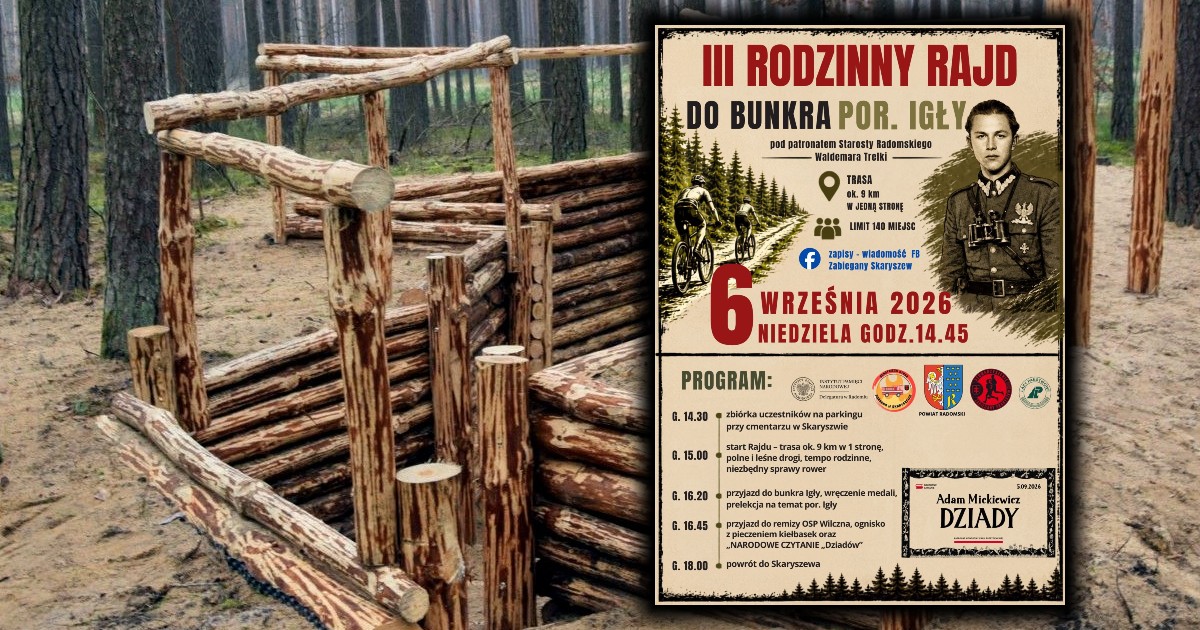 Miłośnicy rowerów, rodzinnej aktywności i lokalnej historii spotkają się w niedzielę, 6 września, na III Rodzinnym Rajdzie „Do bunkra por. Igły”. Uczestnicy przejadą około 9 kilometrów leśnymi i polnymi drogami, a na miejscu czekać będą m.in. prelekcja historyczna, medale, ognisko i wspólne czytanie „Dziadów” Adama Mickiewicza.